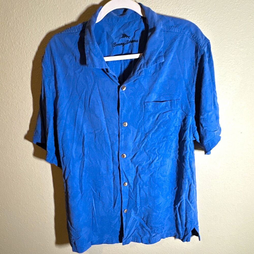 Tommy Bahama Men’s Blue Silk Button-Up Shirt Short Sleeve Pockets Size L/G